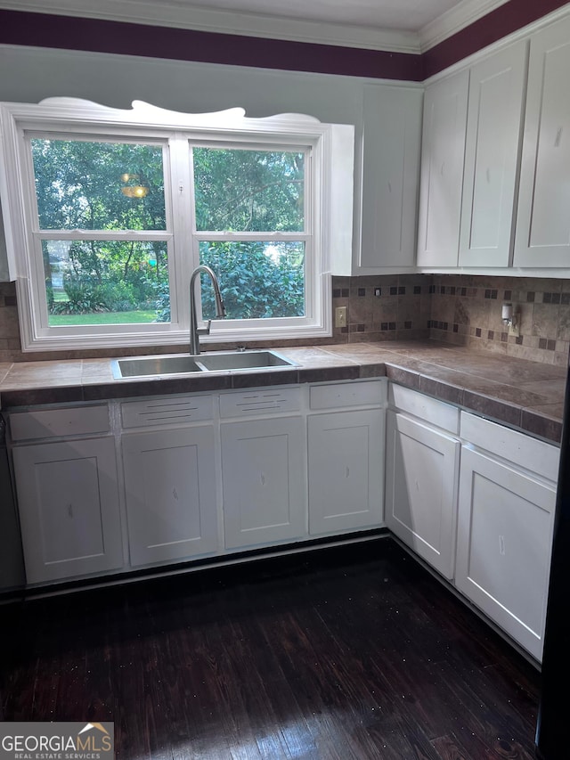 kitchen with white cabinets, tasteful backsplash, sink, and dark hardwood / wood-style flooring