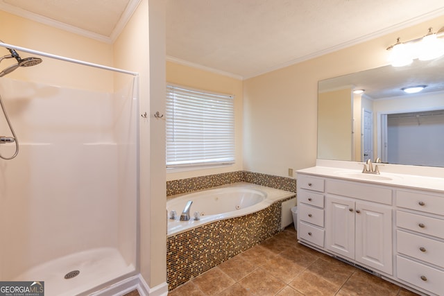 bathroom featuring crown molding, tile patterned floors, vanity, and independent shower and bath