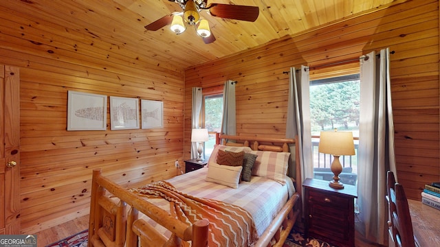 bedroom featuring ceiling fan, hardwood / wood-style flooring, wood ceiling, and wood walls