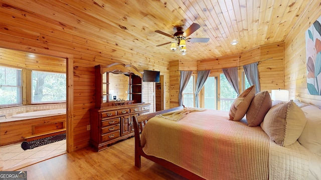 bedroom featuring wood walls, multiple windows, light hardwood / wood-style flooring, ceiling fan, and wood ceiling