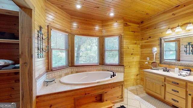 bathroom with tile patterned floors, wooden walls, vanity, and a tub to relax in