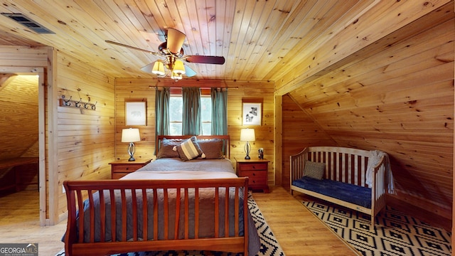 bedroom featuring light wood-type flooring, wood ceiling, ceiling fan, and lofted ceiling