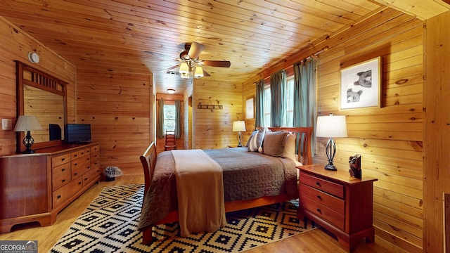 bedroom with wood ceiling, light hardwood / wood-style flooring, wooden walls, and multiple windows