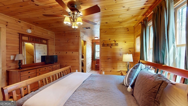 bedroom featuring ceiling fan, wooden walls, and wooden ceiling