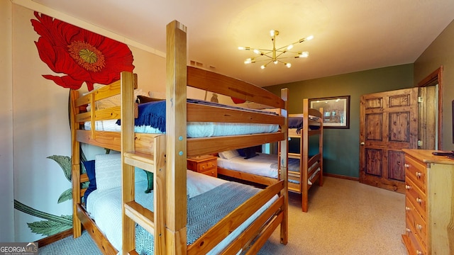 bedroom with an inviting chandelier and light carpet