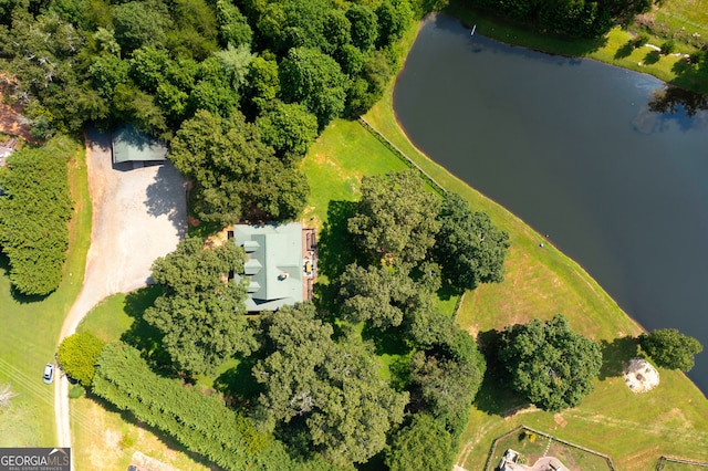 drone / aerial view with a water view