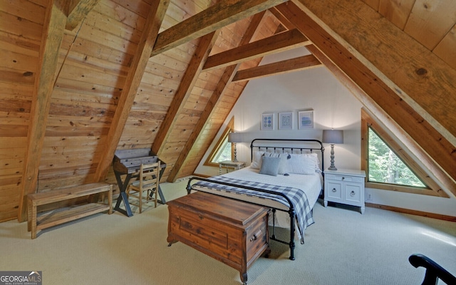 carpeted bedroom featuring vaulted ceiling with beams, wood walls, and wood ceiling