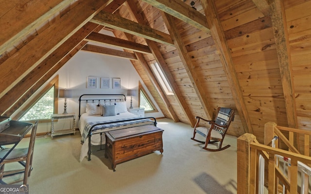 carpeted bedroom featuring vaulted ceiling with beams, wood ceiling, and multiple windows