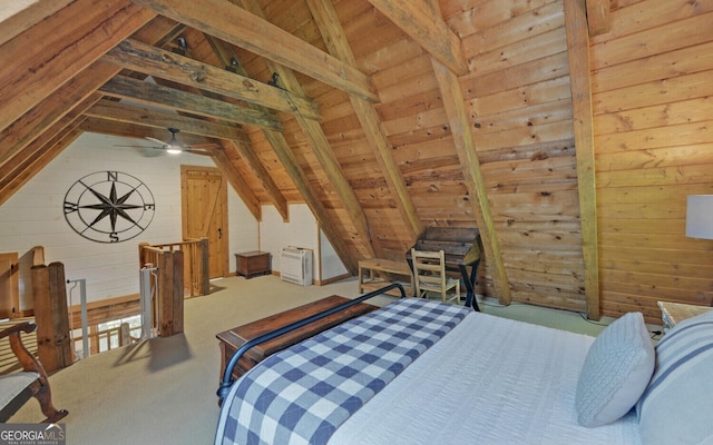 bedroom with carpet floors, lofted ceiling with beams, wood ceiling, and wooden walls