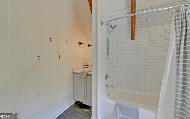 bathroom with vaulted ceiling and shower / tub combo with curtain