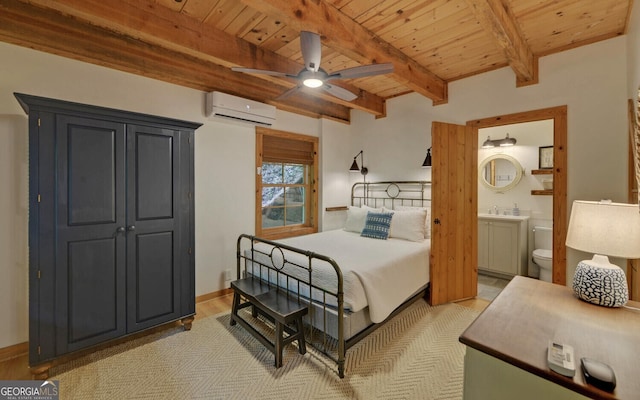 bedroom featuring wood ceiling, connected bathroom, beamed ceiling, and an AC wall unit