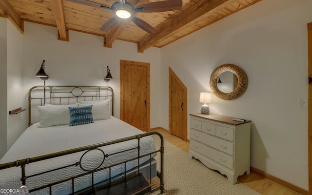 bedroom featuring wooden ceiling, beam ceiling, light hardwood / wood-style flooring, and ceiling fan