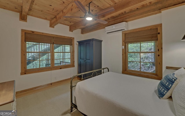 bedroom featuring wooden ceiling, a wall mounted AC, ceiling fan, and beamed ceiling