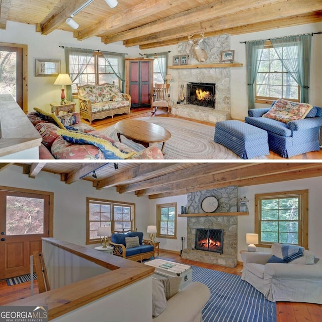 living room with a fireplace, beam ceiling, wooden ceiling, and hardwood / wood-style floors