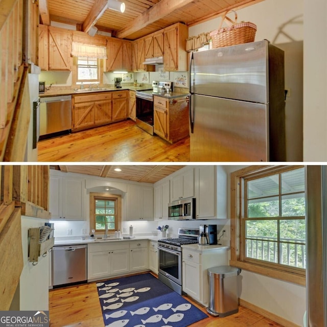 kitchen featuring wood ceiling, stainless steel appliances, a healthy amount of sunlight, and beamed ceiling