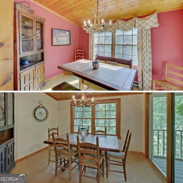 dining space featuring carpet floors, wood ceiling, and an inviting chandelier