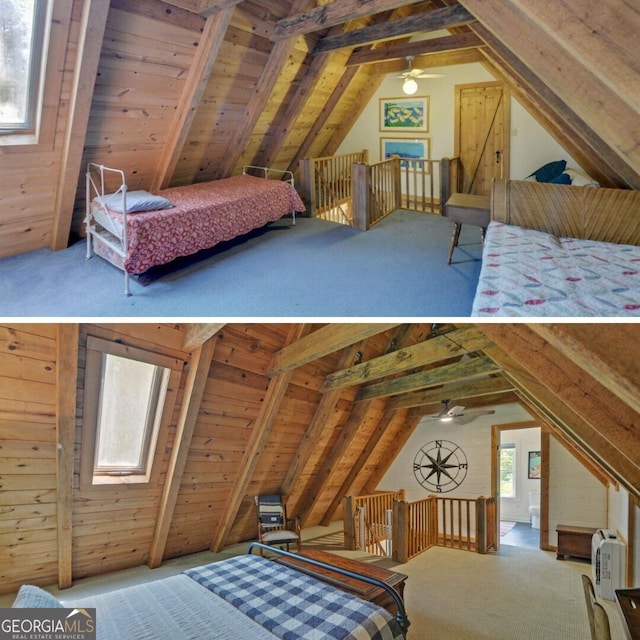 carpeted bedroom with wood walls, wooden ceiling, and lofted ceiling with skylight