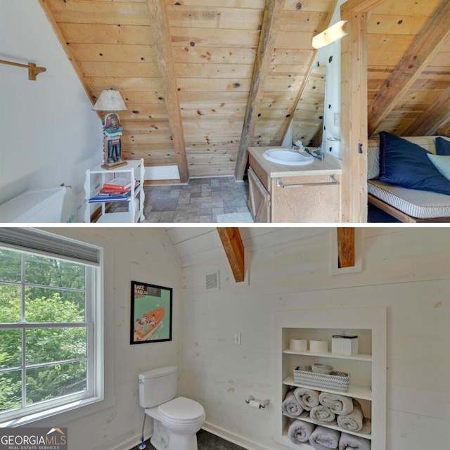 bathroom featuring lofted ceiling with beams, wood ceiling, toilet, and vanity