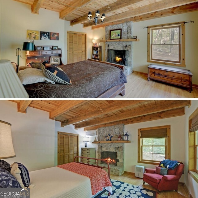 bedroom with a fireplace, light wood-type flooring, wood ceiling, and beam ceiling