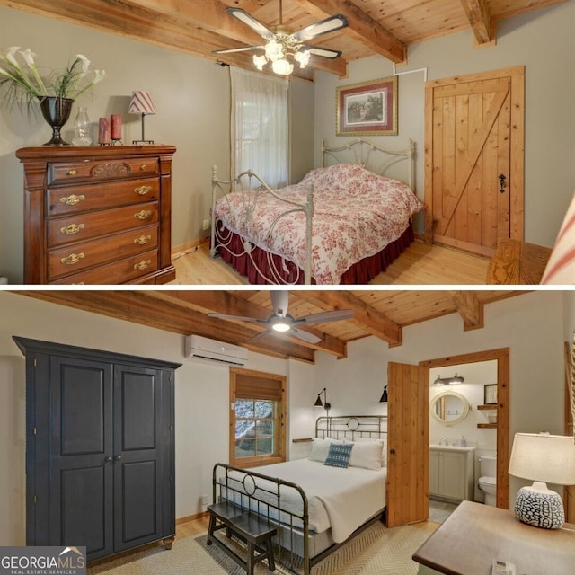 bedroom with beam ceiling, connected bathroom, light hardwood / wood-style flooring, and an AC wall unit