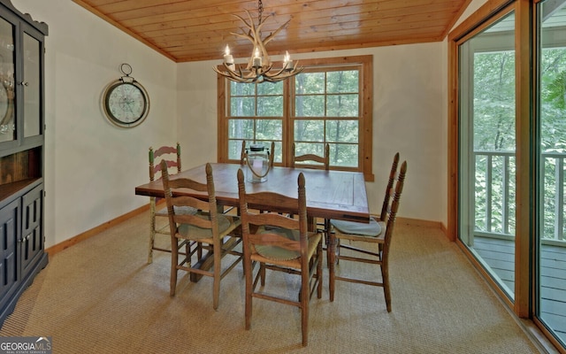 dining area with wooden ceiling, ornamental molding, and a chandelier