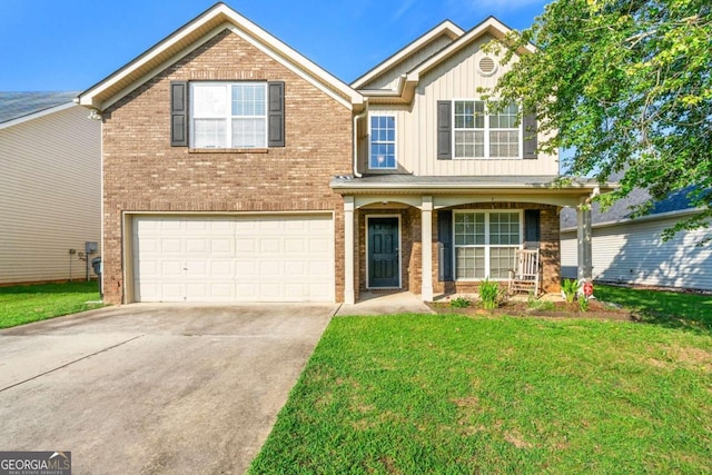 front of property with covered porch, a garage, and a front lawn