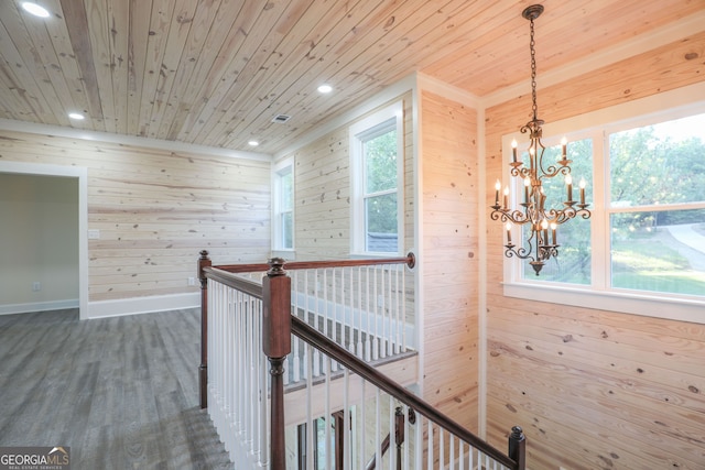 hallway with wooden walls, hardwood / wood-style floors, wood ceiling, a chandelier, and a wealth of natural light