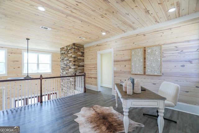 dining space featuring recessed lighting, wooden ceiling, wood walls, and wood finished floors