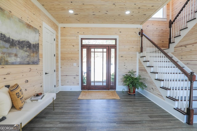 entryway featuring a healthy amount of sunlight, wooden ceiling, wood finished floors, and recessed lighting