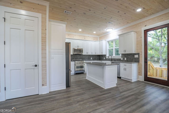 kitchen featuring backsplash, stainless steel appliances, a kitchen island, dark hardwood / wood-style floors, and white cabinets