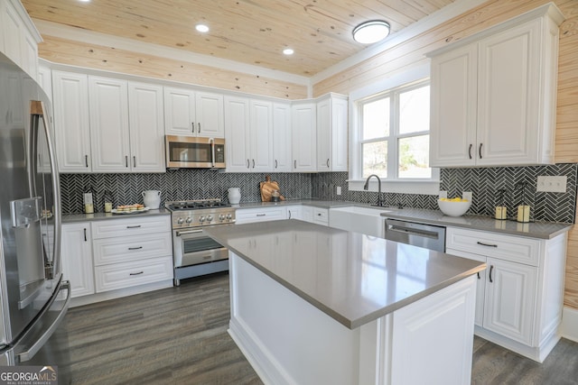 kitchen featuring dark wood finished floors, tasteful backsplash, appliances with stainless steel finishes, white cabinetry, and wooden ceiling