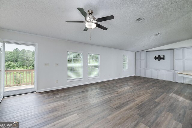 unfurnished living room featuring ornamental molding, a textured ceiling, lofted ceiling, wood-type flooring, and ceiling fan