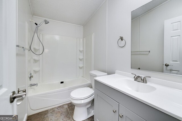 full bathroom with vanity, tile patterned flooring, a textured ceiling, toilet, and tub / shower combination