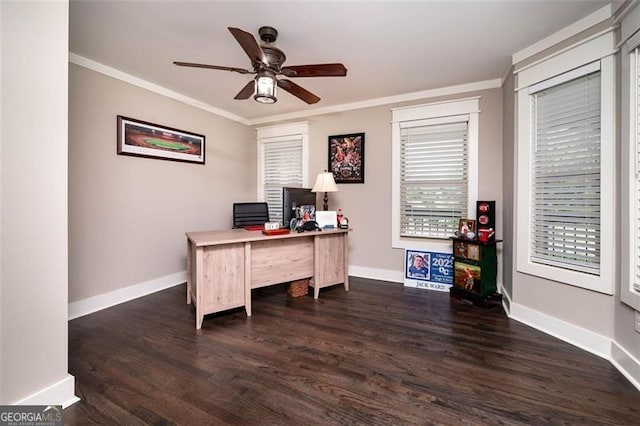 office featuring crown molding, wood finished floors, baseboards, and ceiling fan