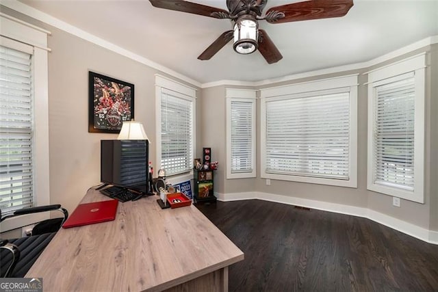 home office with ceiling fan, crown molding, and wood-type flooring