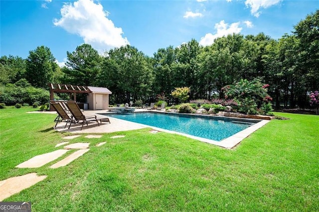 view of pool with a patio and a lawn