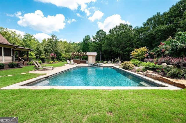 view of swimming pool with a pergola and a lawn