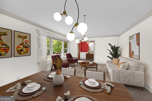 dining area featuring carpet flooring, crown molding, and an inviting chandelier