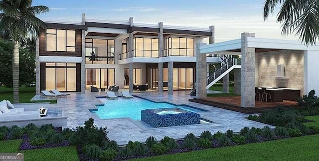 rear view of house with a jacuzzi, a balcony, stairway, an outdoor pool, and a patio area