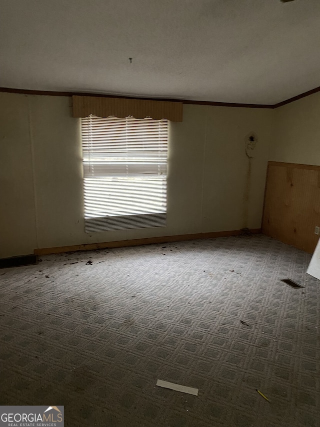 spare room with carpet and ornamental molding