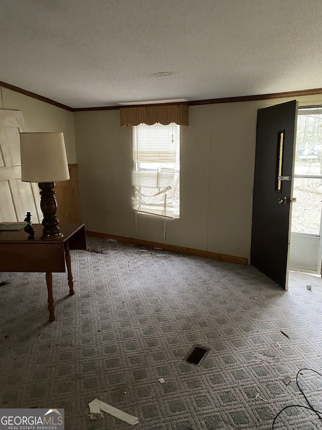 unfurnished room with a textured ceiling, carpet, and crown molding