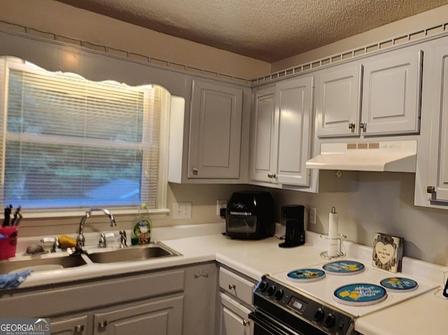 kitchen with white stove, a textured ceiling, and sink