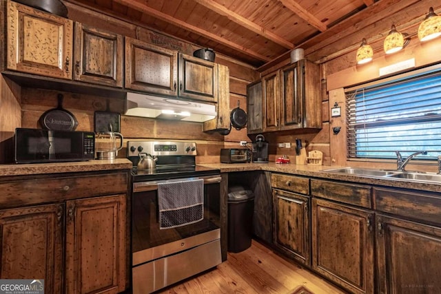 kitchen with electric stove, light hardwood / wood-style floors, wooden ceiling, sink, and dark brown cabinets