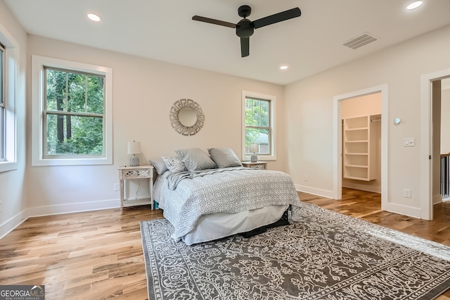 bedroom with a walk in closet, wood-type flooring, ceiling fan, and a closet