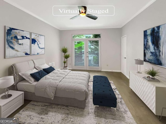 bedroom with ceiling fan, hardwood / wood-style flooring, crown molding, and french doors