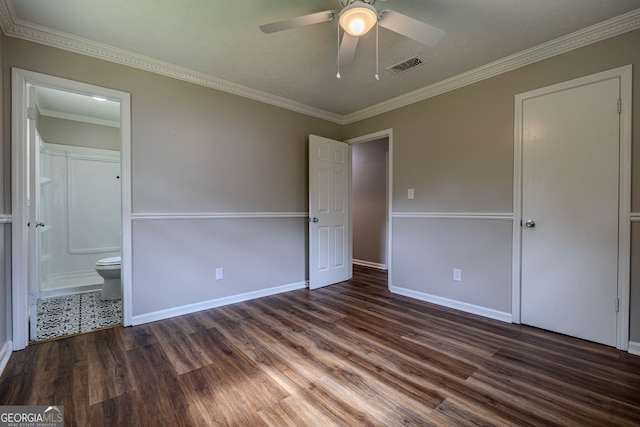 unfurnished bedroom with ceiling fan, ensuite bath, crown molding, and hardwood / wood-style floors