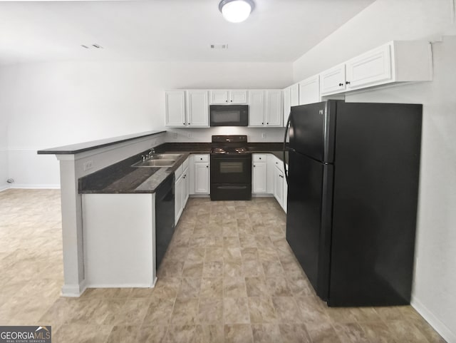 kitchen featuring white cabinetry, light tile patterned floors, sink, kitchen peninsula, and black appliances