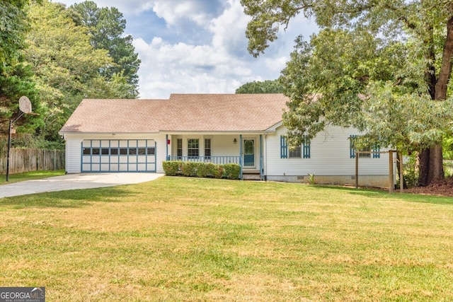 single story home featuring a garage, a front lawn, and a porch