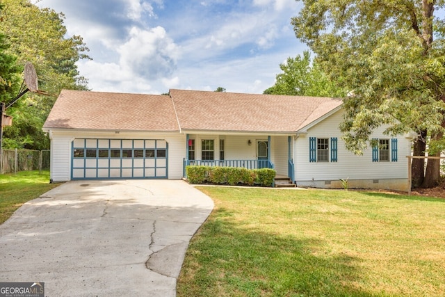 ranch-style house with a garage, a front lawn, and a porch