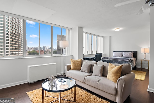 bedroom with a view of city, radiator heating unit, dark wood-style floors, and baseboards